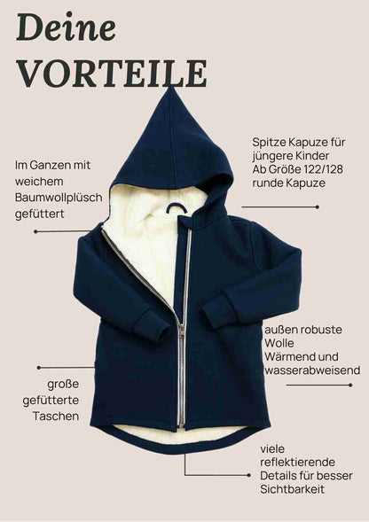 BIO Wollwalk Jacke gefüttert mit Baumwollplüsch "Hagebutte", marine