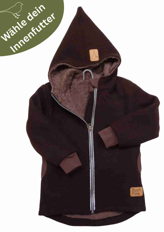 Wollwalk Jacke gefüttert mit Baumwollplüsch "Hagebutte", dunkelbraun
