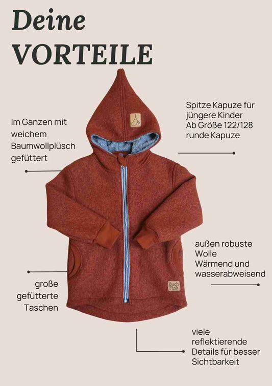 Wollwalk Jacke gefüttert mit Baumwollplüsch "Hagebutte", kupfer