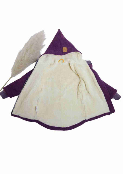 Wollwalk Jacke gefüttert mit Baumwollplüsch "Hagebutte", pflaume