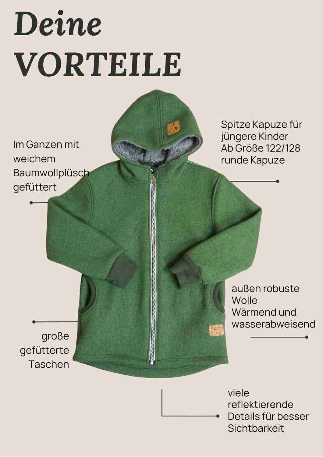 Wollwalk Jacke gefüttert mit Baumwollplüsch "Hagebutte", olivgrün