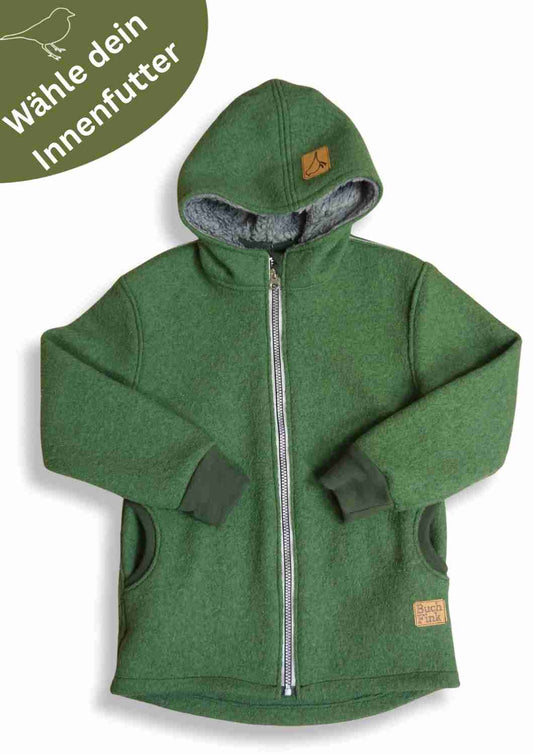 Wollwalk Jacke gefüttert mit Baumwollplüsch "Hagebutte", olivgrün