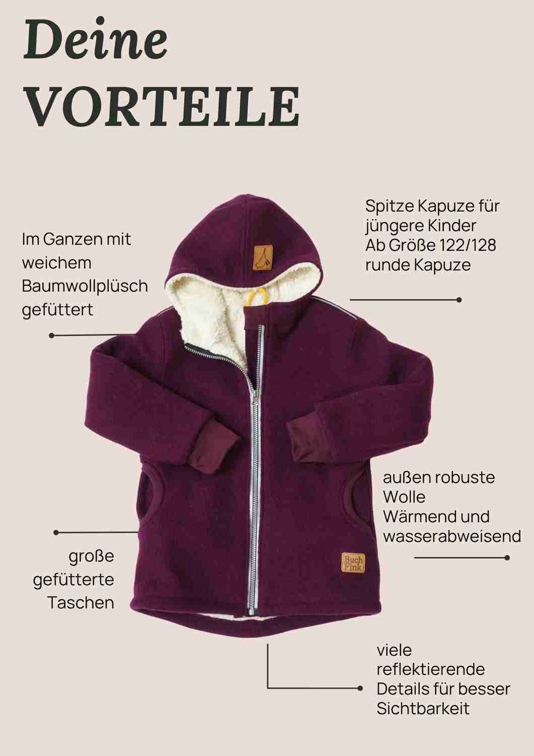 Wollwalk Jacke gefüttert mit Baumwollplüsch "Hagebutte", pflaume