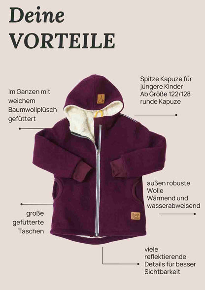 Wollwalk Jacke gefüttert mit Baumwollplüsch "Hagebutte", pflaume