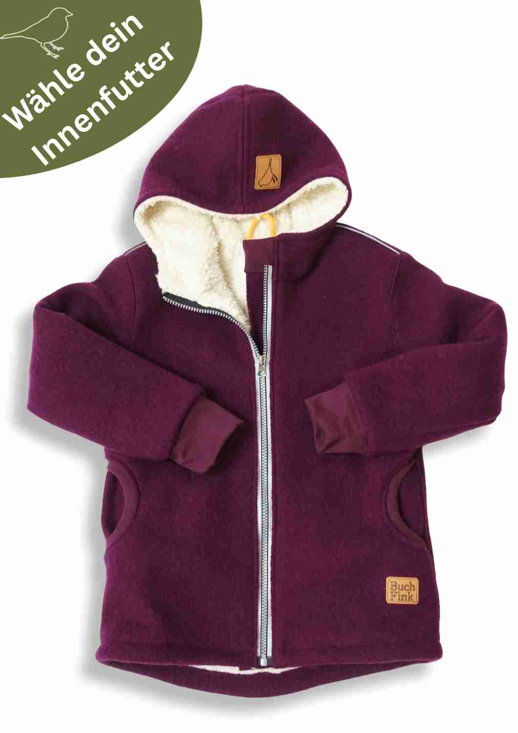 Wollwalk Jacke gefüttert mit Baumwollplüsch "Hagebutte", pflaume
