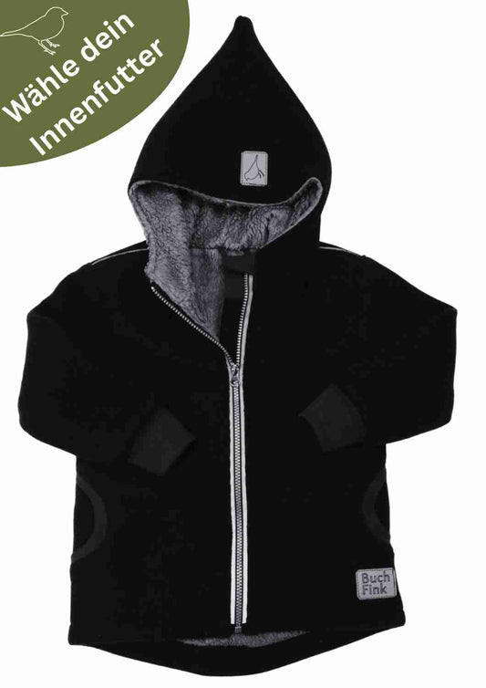 Wollwalk Jacke gefüttert mit Baumwollplüsch "Hagebutte", schwarz