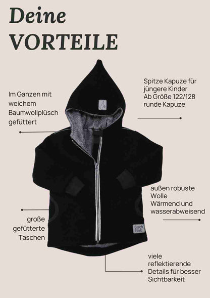 Wollwalk Jacke gefüttert mit Baumwollplüsch "Hagebutte", schwarz