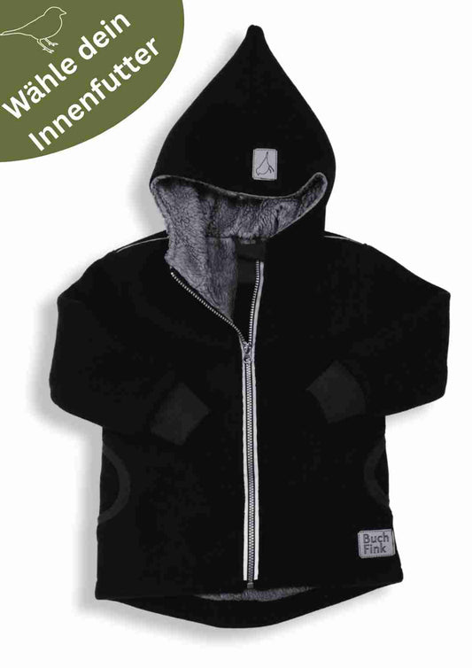 Wollwalk Jacke gefüttert mit Baumwollplüsch "Hagebutte", schwarz
