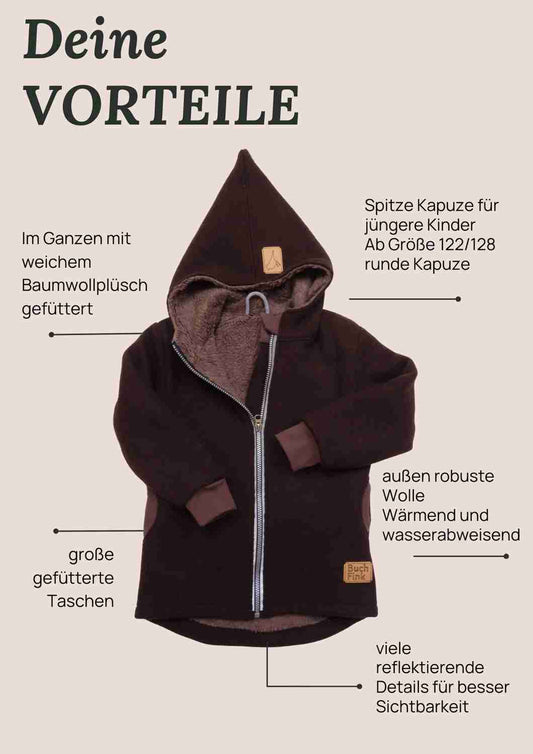 Wollwalk Jacke gefüttert mit Baumwollplüsch "Hagebutte", bordeaux