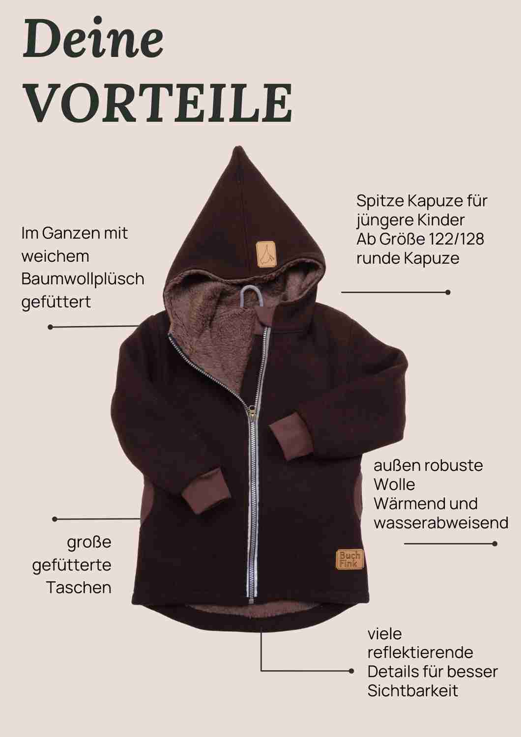 Wollwalk Jacke gefüttert mit Baumwollplüsch "Hagebutte", pflaume