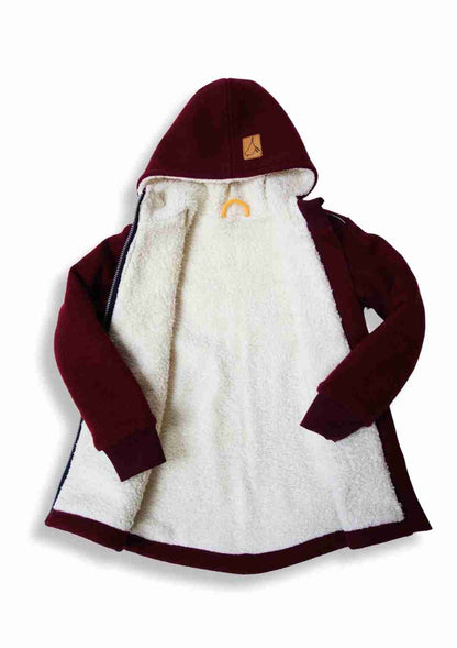 Wollwalk Jacke gefüttert mit Baumwollplüsch "Hagebutte", weinrot