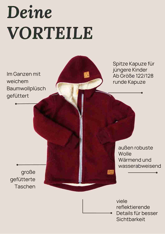 Wollwalk Jacke gefüttert mit Baumwollplüsch "Hagebutte", weinrot