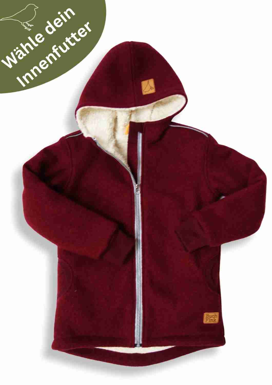 Wollwalk Jacke gefüttert mit Baumwollplüsch "Hagebutte", weinrot