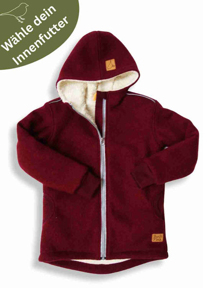 Wollwalk Jacke gefüttert mit Baumwollplüsch "Hagebutte", weinrot