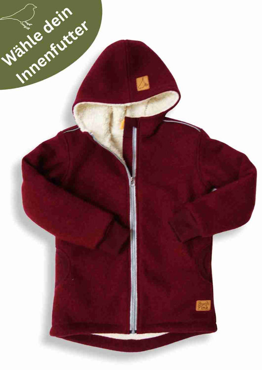 Wollwalk Jacke gefüttert mit Baumwollplüsch "Hagebutte", weinrot
