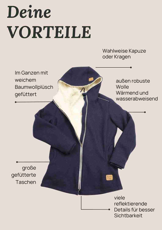 Walkjacke für Damen gefüttert mit Baumwollplüsch Bio, "Hagebutte", reflektierend