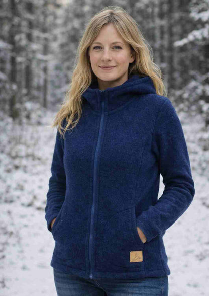 Zip-In Wollfleecejacke Damen "Heidekraut" aus 100% Merinowolle, dunkelblau