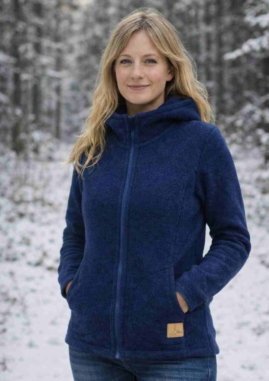 Zip-In Wollfleecejacke Damen "Heidekraut" aus 100% Merinowolle, dunkelblau