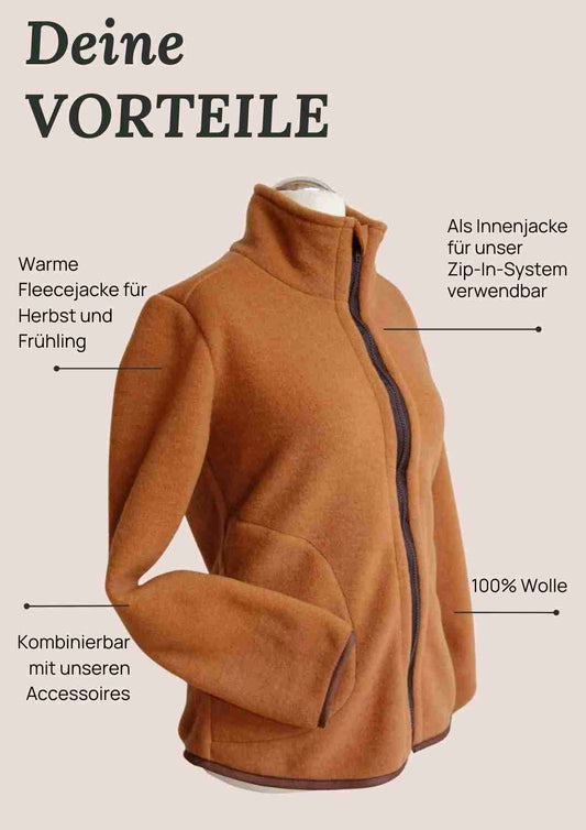 Zip-In Wollfleecejacke Damen "Heidekraut" aus 100% Merinowolle, zimt