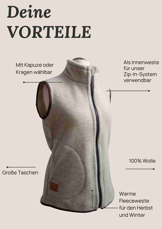 Zip-In Wollfleeceweste Damen "Springkraut" aus 100% Merinowolle, perlgrau