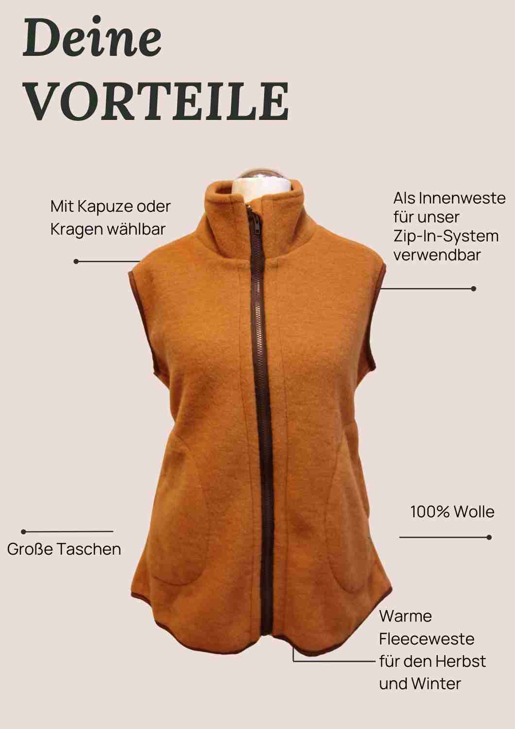 Zip-In Wollfleeceweste Damen "Springkraut" aus 100% Merinowolle, zimt