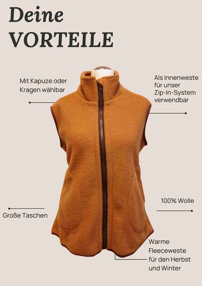Zip-In Wollfleeceweste Damen "Springkraut" aus 100% Merinowolle, zimt