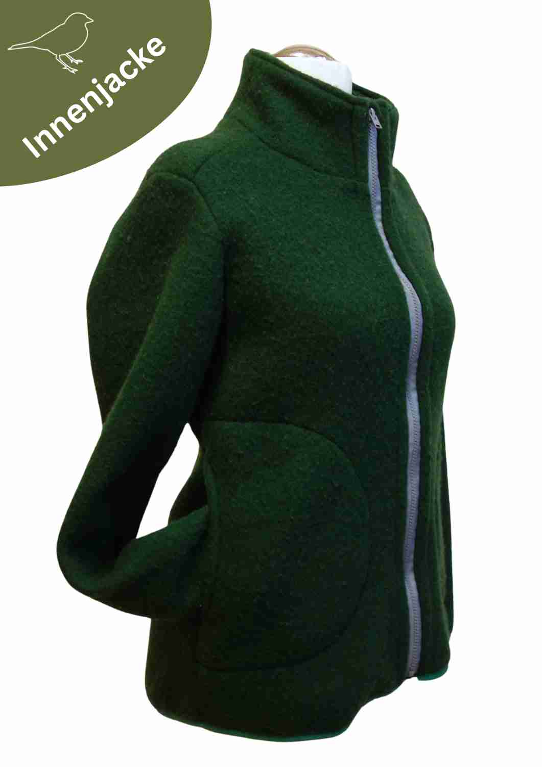 Zip-In Wollfleecejacke Damen "Heidekraut" aus 100% Merinowolle, tannengrün