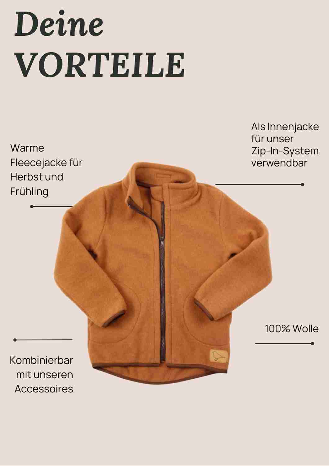 Wollfleecejacke "Heidekraut" aus 100% Merinowolle, zimt