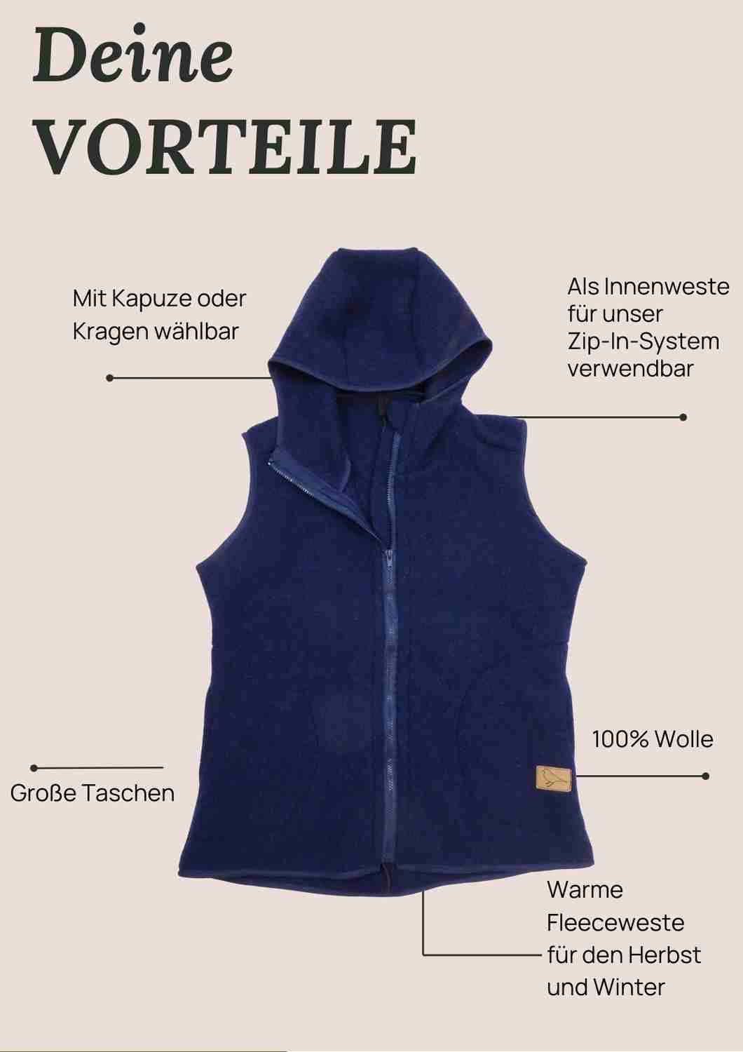 Wollfleeceweste "Springkraut" aus 100% Merinowolle, dunkelblau