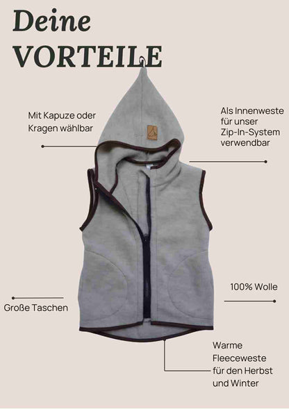 Wollfleeceweste "Springkraut" aus 100% Merinowolle, perlgrau