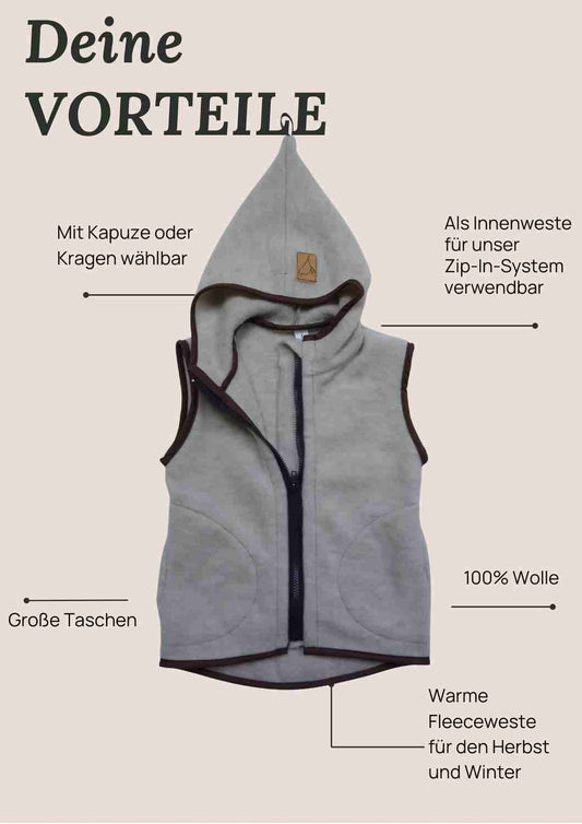 Wollfleeceweste "Springkraut" aus 100% Merinowolle, perlgrau