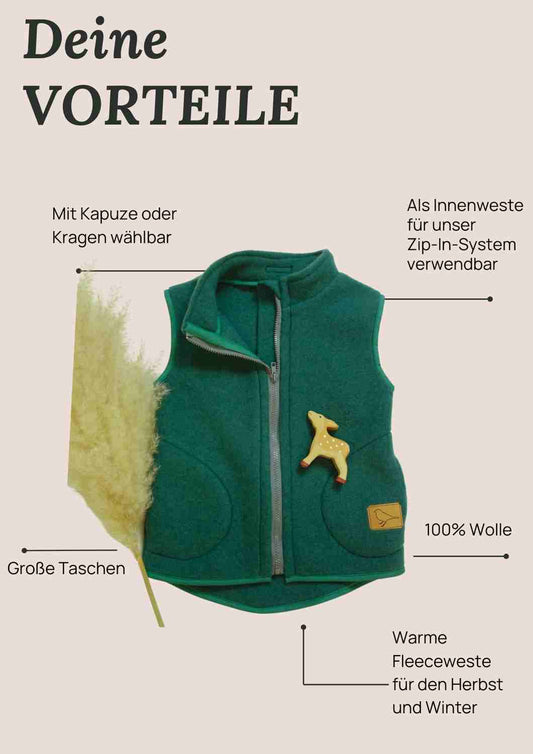 Wollfleeceweste "Springkraut" aus 100% Merinowolle, tannengrün