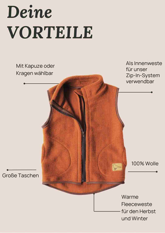Wollfleeceweste "Springkraut" aus 100% Merinowolle, zimt