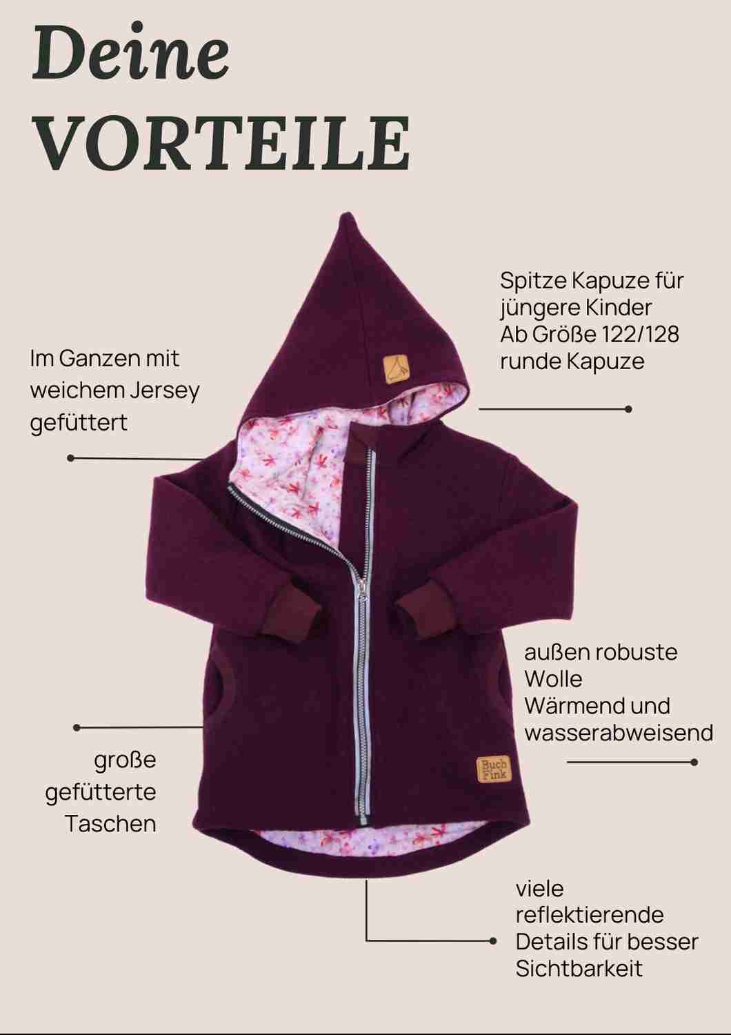Wollwalk Jacke gefüttert mit Jersey, pflaume