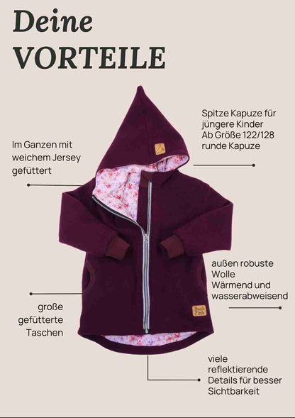 Wollwalk Jacke gefüttert mit Jersey, pflaume