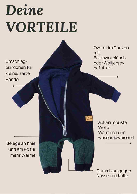 Wollwalk Overall für Babys, mit Reißverschluss und Umschlagbündchen