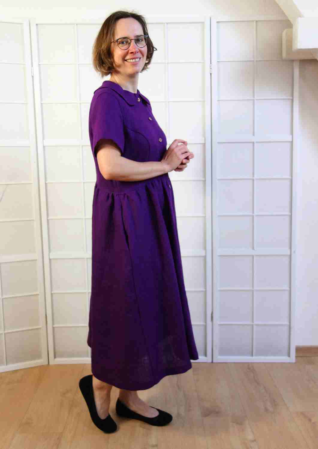 Leinenkleid mit Bubikragen und Knopfleiste "Rose", kurze Ärmel