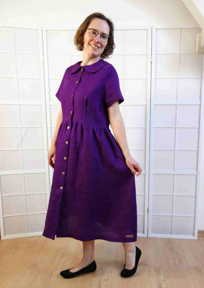Leinenkleid mit Bubikragen und Knopfleiste "Rose", kurze Ärmel
