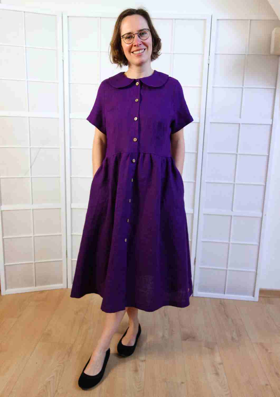 Leinenkleid mit Bubikragen und Knopfleiste "Rose", kurze Ärmel