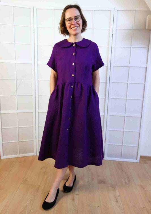 Leinenkleid mit Bubikragen und Knopfleiste "Rose", kurze Ärmel