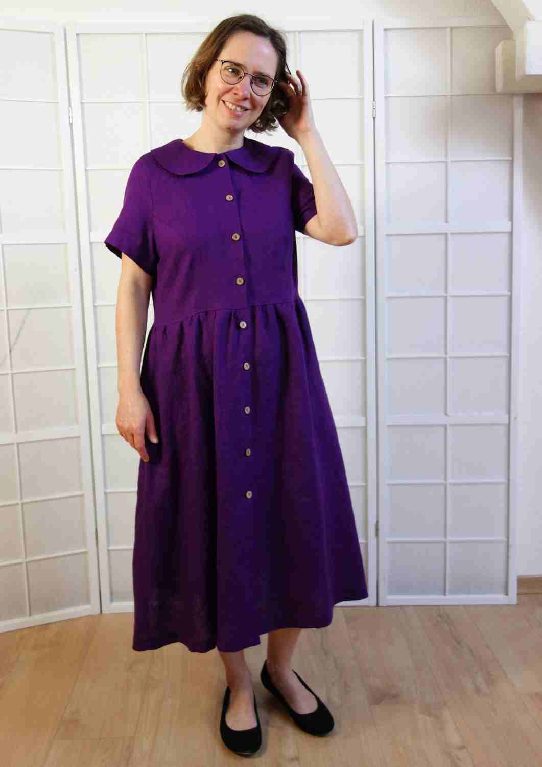 Leinenkleid mit Bubikragen und Knopfleiste "Rose", kurze Ärmel