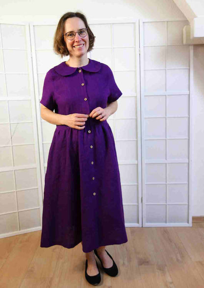 Leinenkleid mit Bubikragen und Knopfleiste "Rose", kurze Ärmel