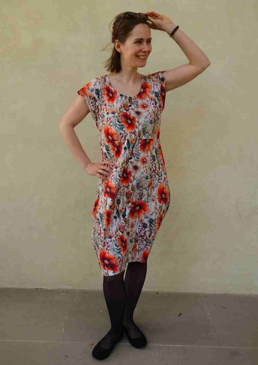 versandbereit: Jerseykleid aus Baumwolle für Damen "Lilie", knielang, Mohnblüten, S, L, XL