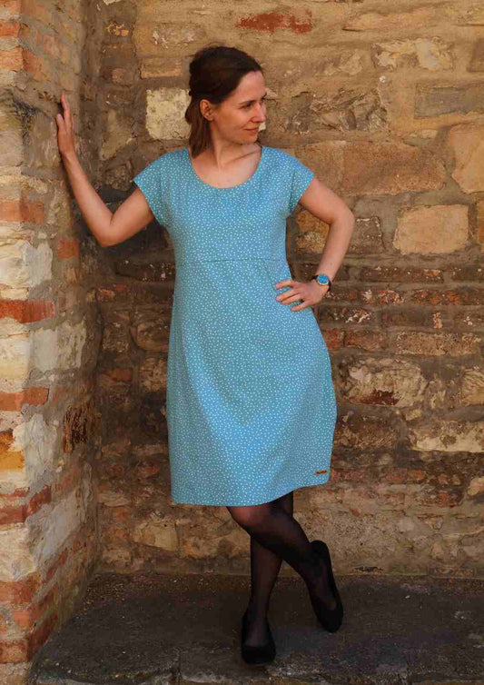 versandbereit: Jerseykleid aus Baumwolle für Damen "Lilie", knielang, blau, S, M, L, XL