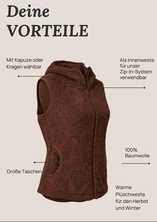 Plüschweste Damen Bio-Baumwolle, braun - Zip-In-Innenweste