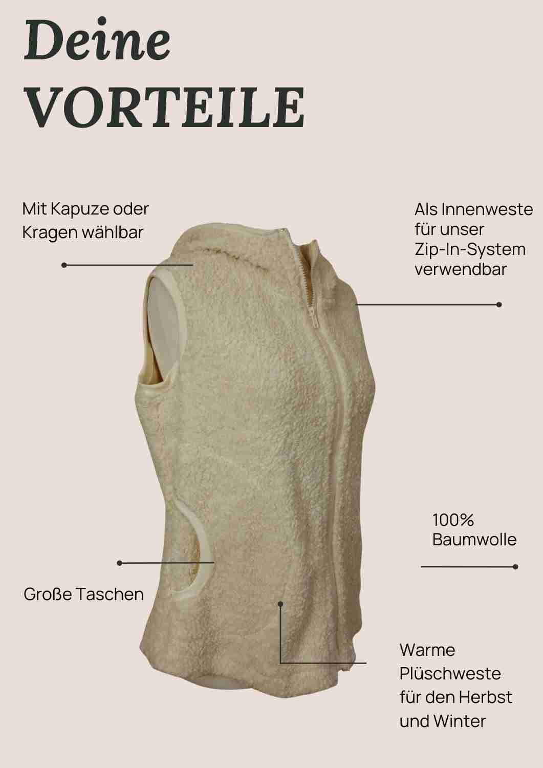 Plüschweste Damen Bio-Baumwolle, weiß - Zip-In-Innenweste