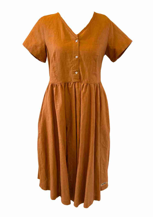 versandbereit: Leinen Kleid mit Knopfleiste "Cosmea", kurze Ärmel, M, cognac