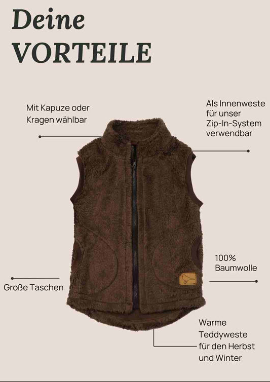 Plüschweste Herren Bio-Baumwolle, Zip-In-Innenweste, braun