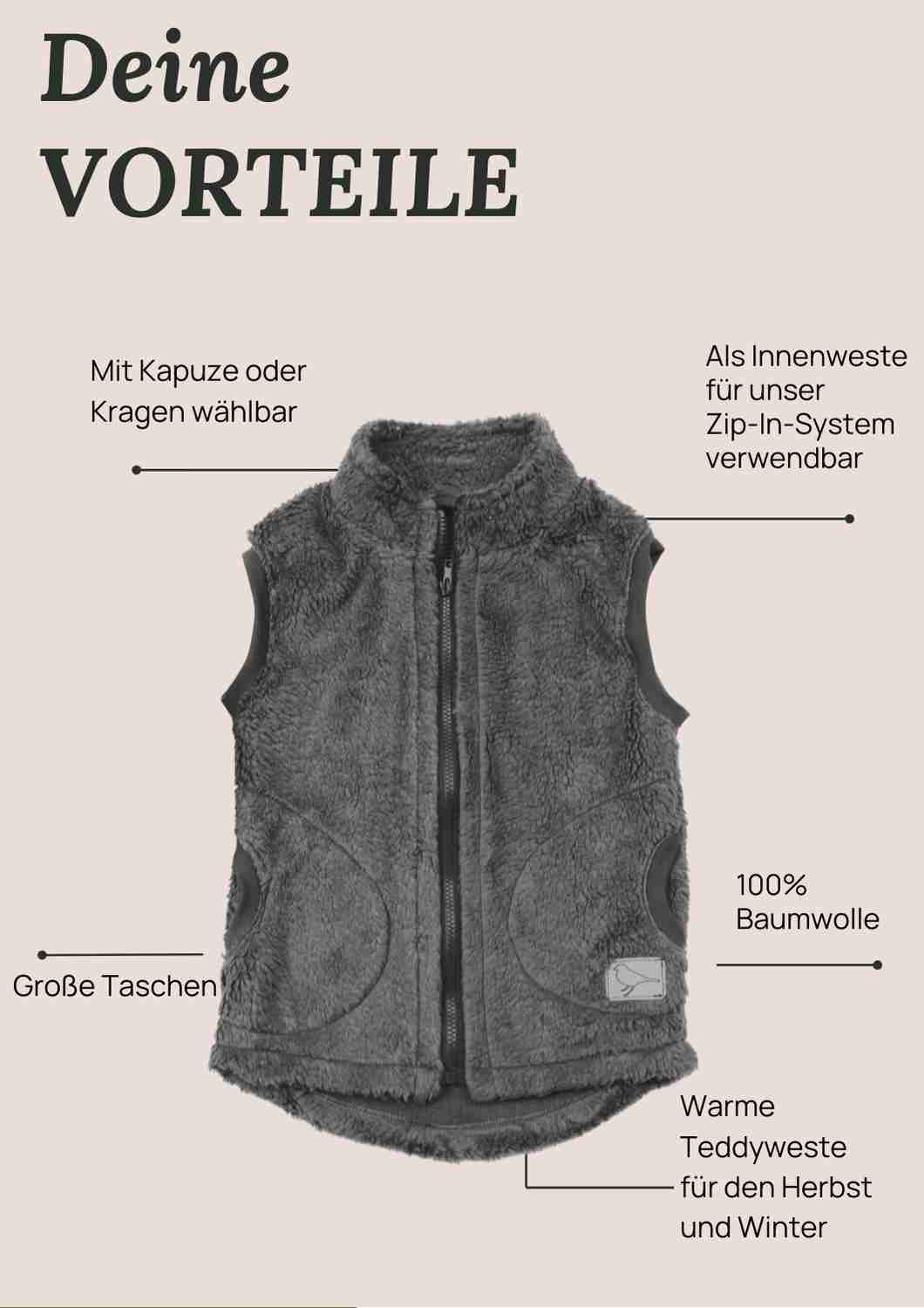 Teddyweste, grau Zip-In-Innenweste