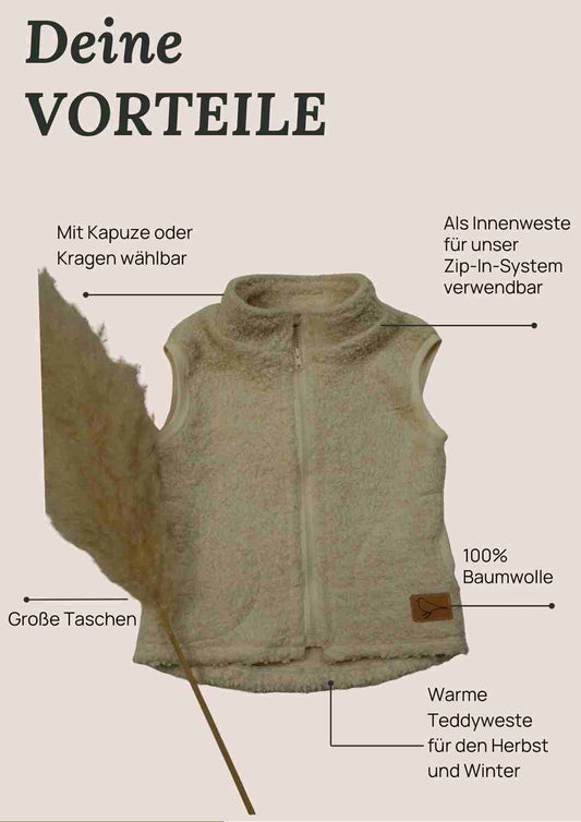 Plüschweste Herren Bio-Baumwolle, Zip-In-Innenweste, creme